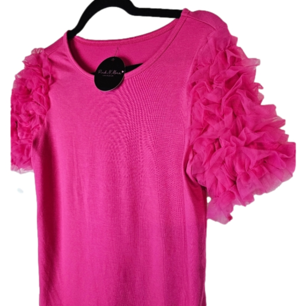 Hot Pink Ruffle Sleeve Tee – Statement Shoulder Top‎ (S, M, L) - Picture 3 of 4